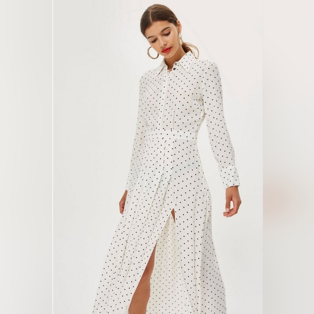 TOPSHOP. POLKA DOT PLEATED SHIRT DRESS
